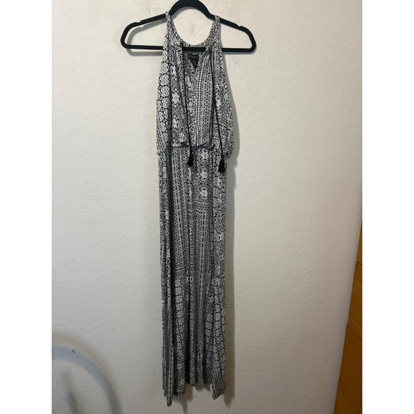 Adrienne Vittadini Sz M Black and White Print Halter Blouson Maxi Dress - Picture 2 of 9